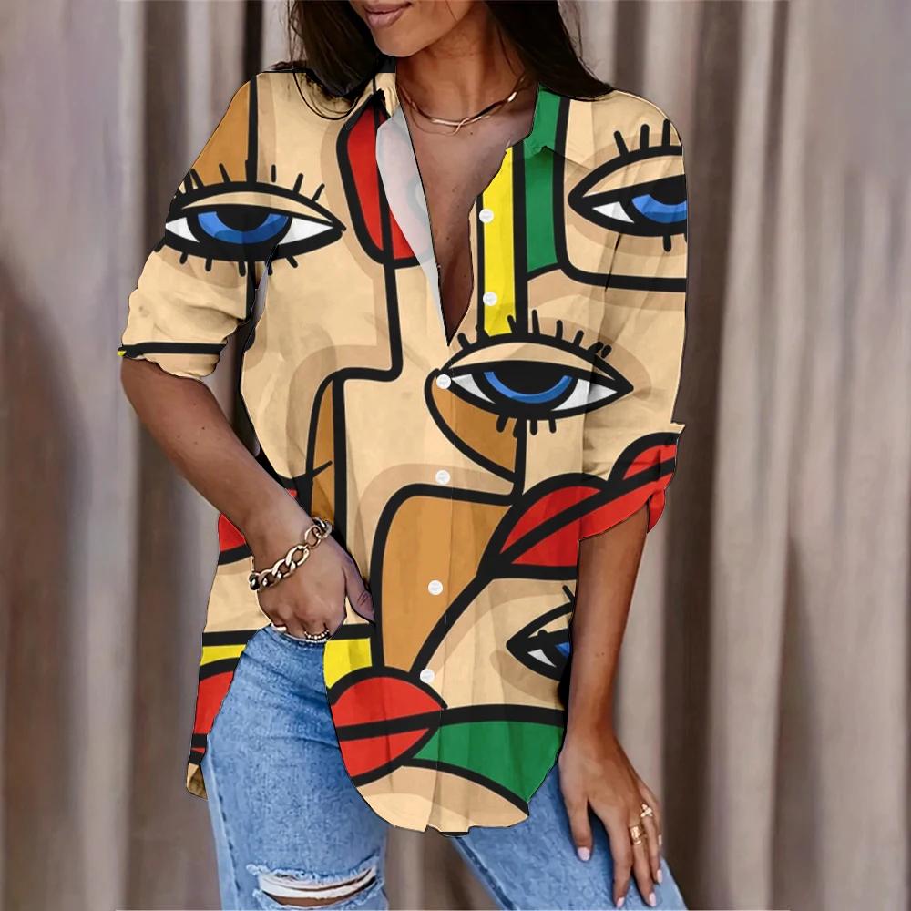 Fashion Abstract Character Avatar Printed Women's Shirt Summer And Autumn Casual Loose Versatile Tops Women Long Sleeve Blouses