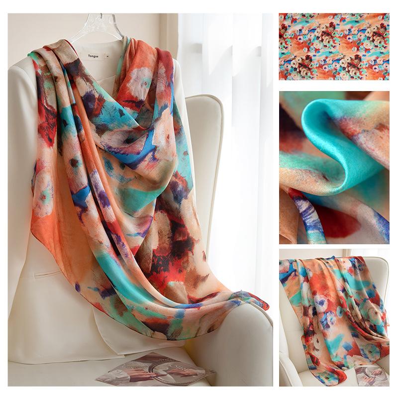 Long Strips of Silk Scarf  High-end Sense Mulberry Silk Scarf  Women's Fresh Small Floral Thin Style  Atmosphere  Big Shawl