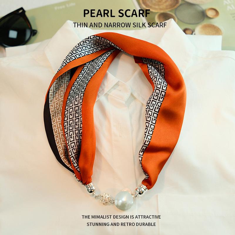 Elegant Silk Scarf with Magnetic Buckle and Pearl Necklace - Stylish Clavicle Chain for Women