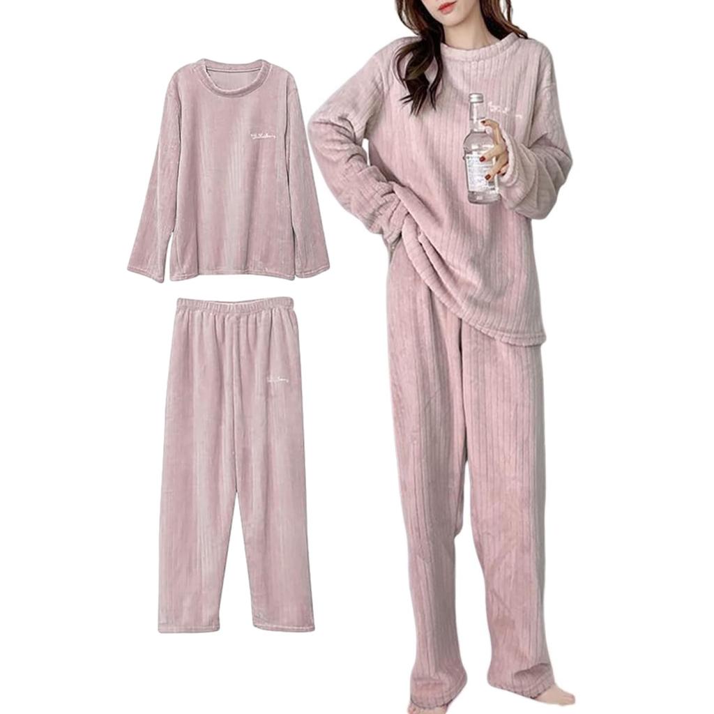 Fluffy Flannel Round Solid Long Perfect for Fall and Winter [xppe] Women's Pajamas, 2-Piece Set, Thick, Warm, Collar, Color, Sleeves, Soft, Warm,