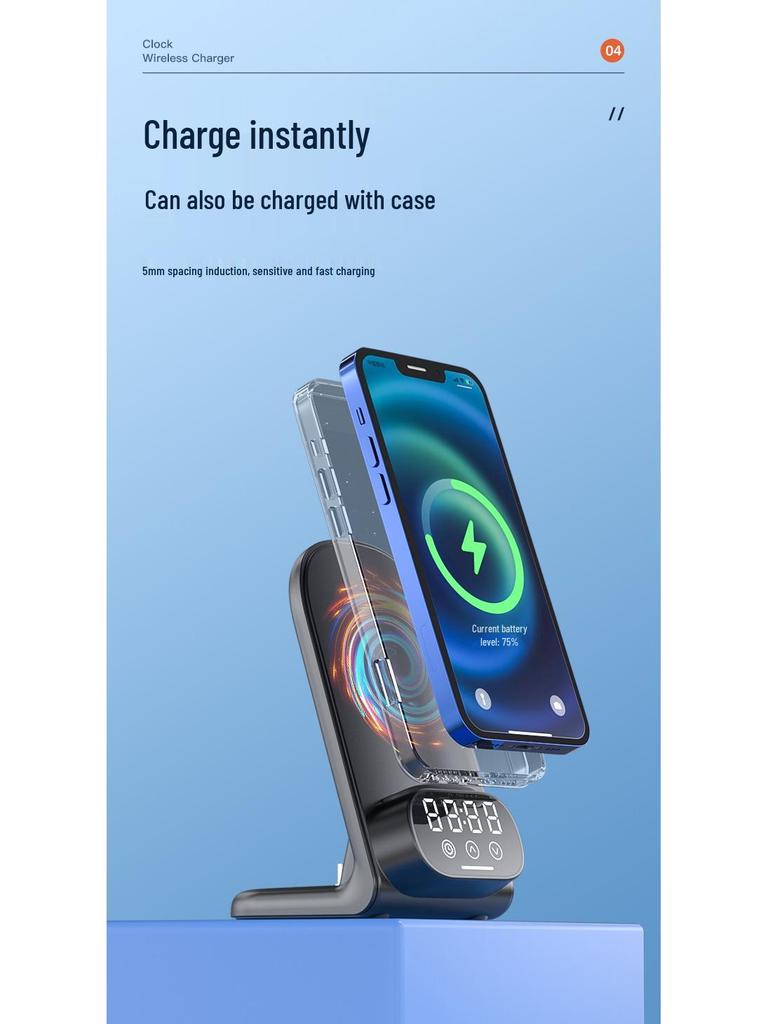 Multi-functional Wireless Charger & Phone Holder with Digital Clock and Bluetooth Earphone Dock