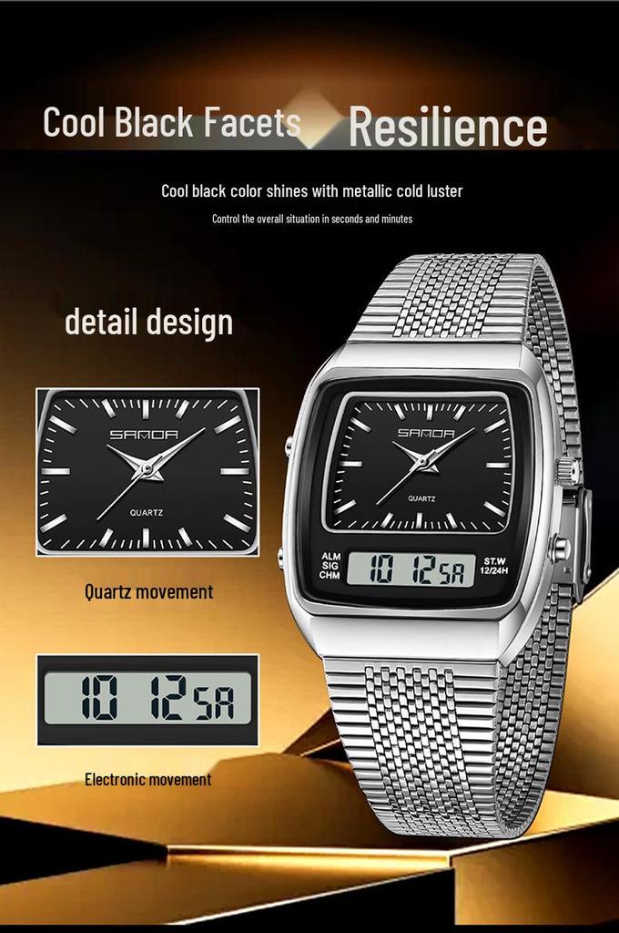 SANDA Men's Steel Band Dual Display Watch with Multi-Time Zone, Night Glow, and Waterproof Features