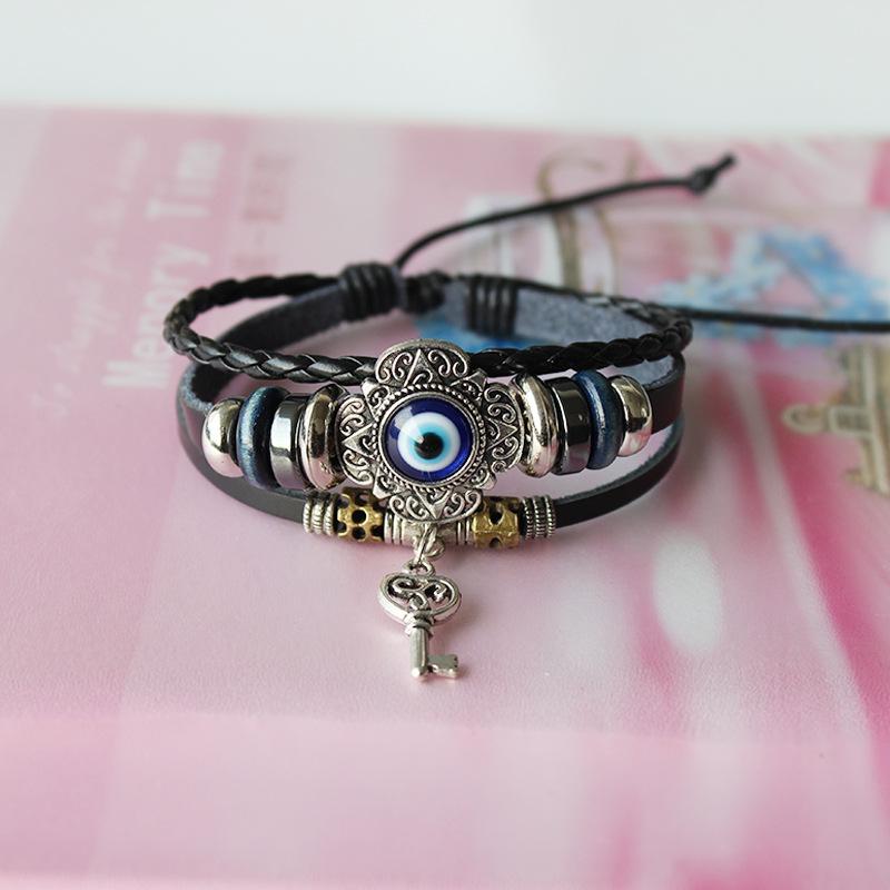 1Pcs Multilayer Vintage Demon Eye Lucky Bangle Punk Jewelry Turkish Blue Evil Eye Flower Leather Rope Bracelets For Women Men