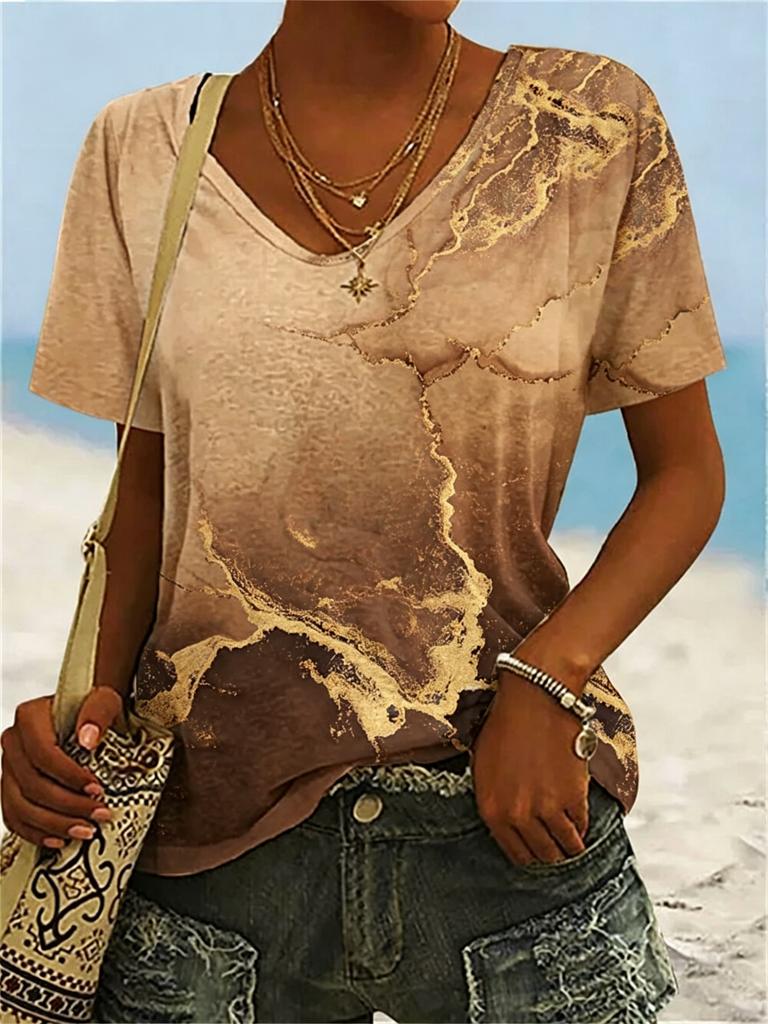 Women's Gradient Marble Print V-Neck T-Shirt, Casual Short Sleeve Tops, Modern Abstract Daily Wear for Spring & Summer