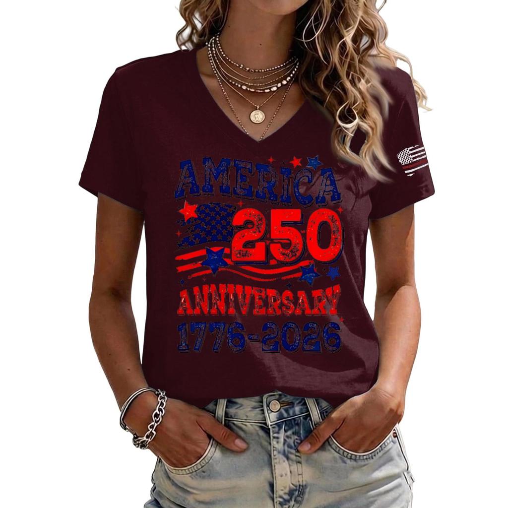 Women's Casual V Neck Short Sleeve Pullover T Shirt 250 Anniversary Graphic Print Top 1776 2026 Independence Day Theme