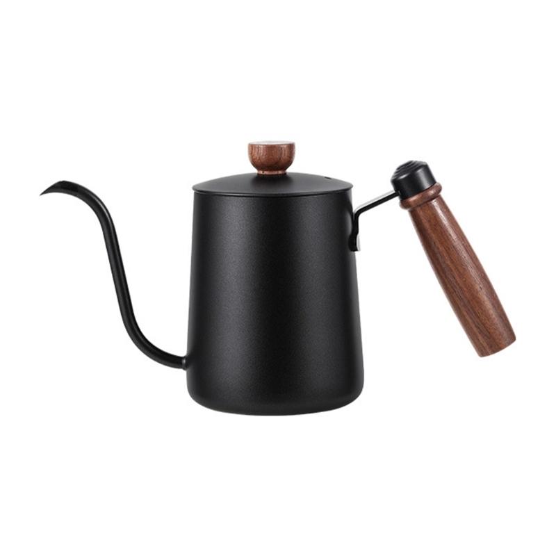 Bouilloire à Café en Acier Inoxydable 304 avec Bec Long Col de Cygne Capacité 600ML Théière avec Poignée en Bois Pour Contrôle Manuel des Gouttes