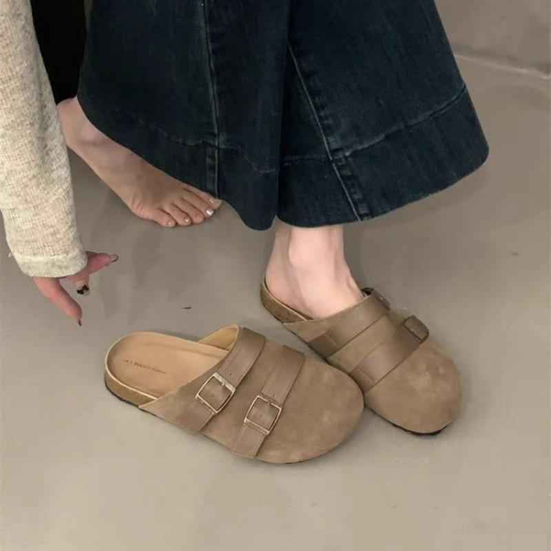 Fashion Women's Fashion Baotou Slippers Spring New Round Head Deep Mouth Suede Metal Buckle Anti-slip Wear-resistant Flat Shoes