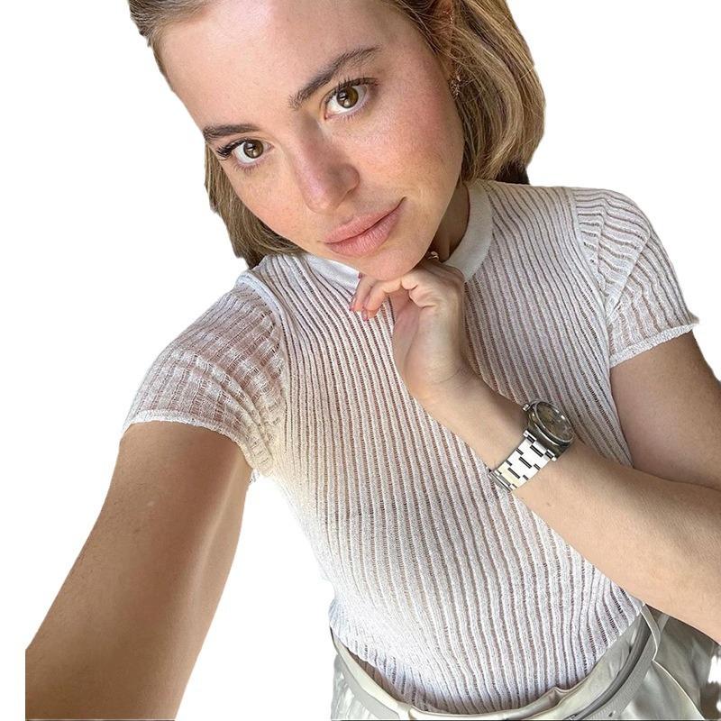 Spring and Summer Short-sleeved Round-neckthin and Breathable Knitted Wool Top