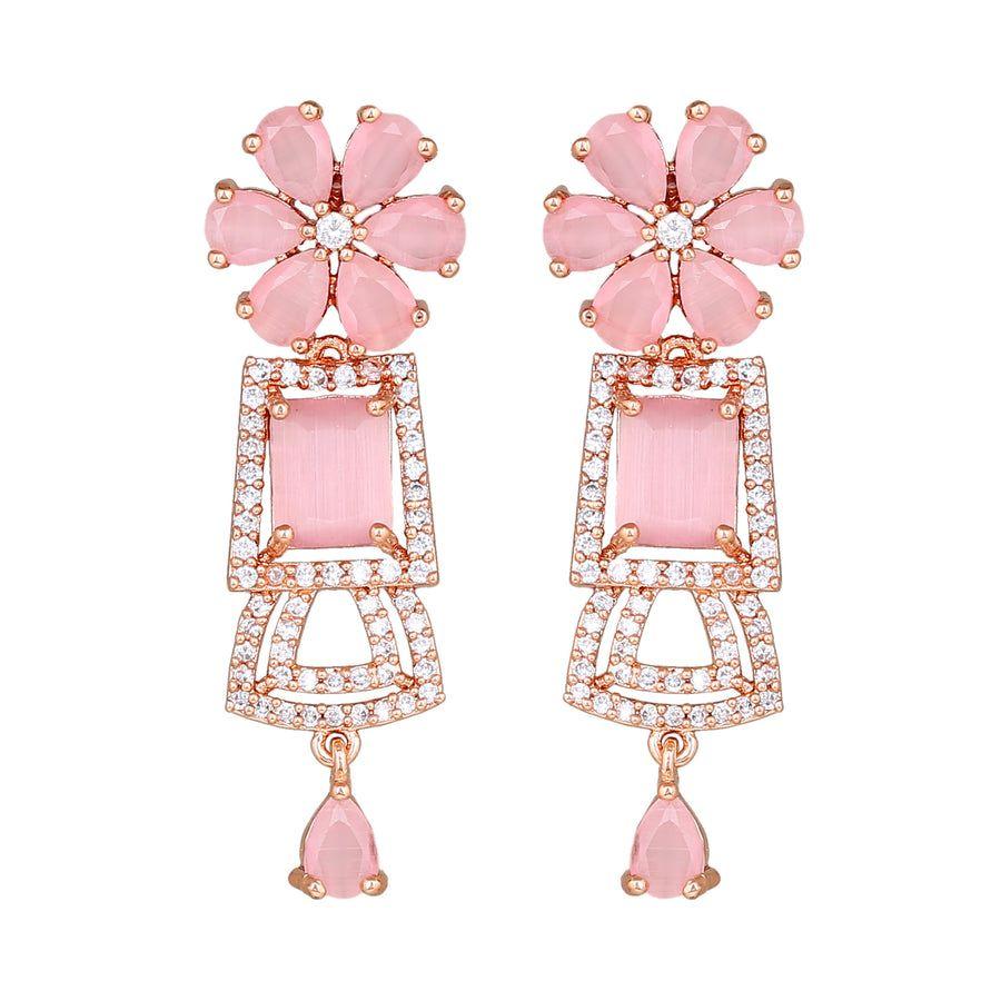 Estele Women's Shimmering Cubic Zirconia Mint Pink Stone Rose Gold Earrings