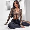 Primavera Estate Autunno Elegante da Donna Rete Trasparente Stampa Leopardo Nodo Frontale Manica Lunga