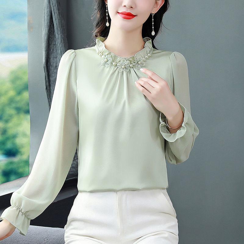 Spring Autumn Beading V-neck Temperament Solid Shirt Women Long Sleeve Ruffles Elegant Blouse Pullover Top