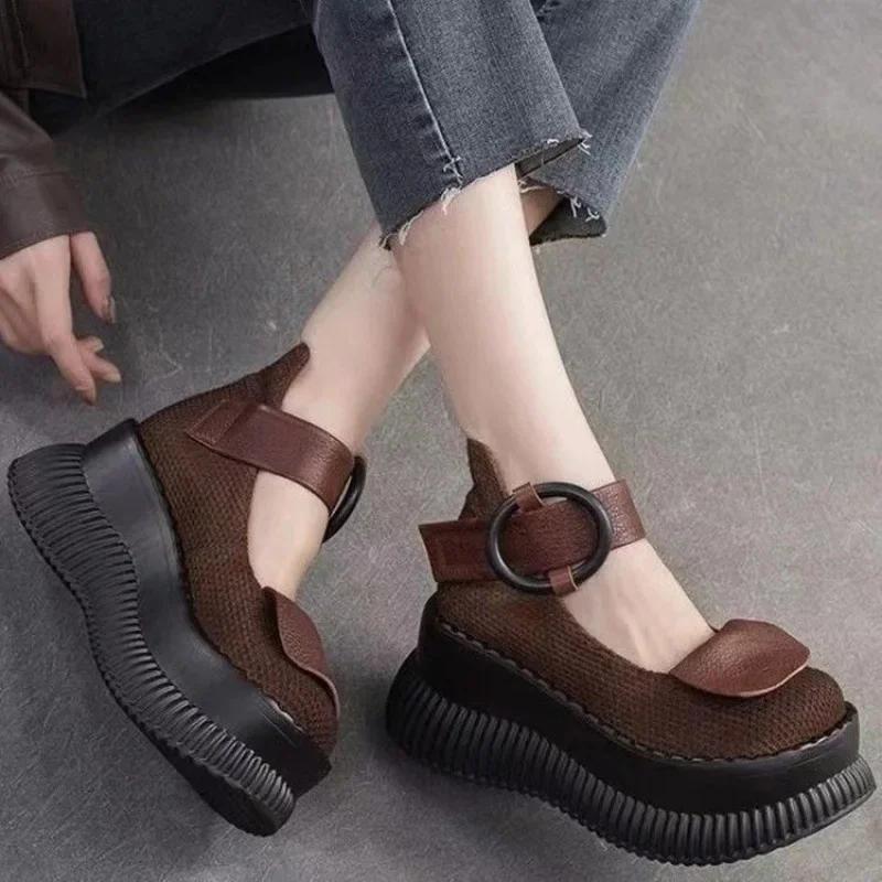Fashion High Heel Shallow Mouth Single Shoe Increase Height Thick Bottom Sponge Women's Shoes European American Vintage