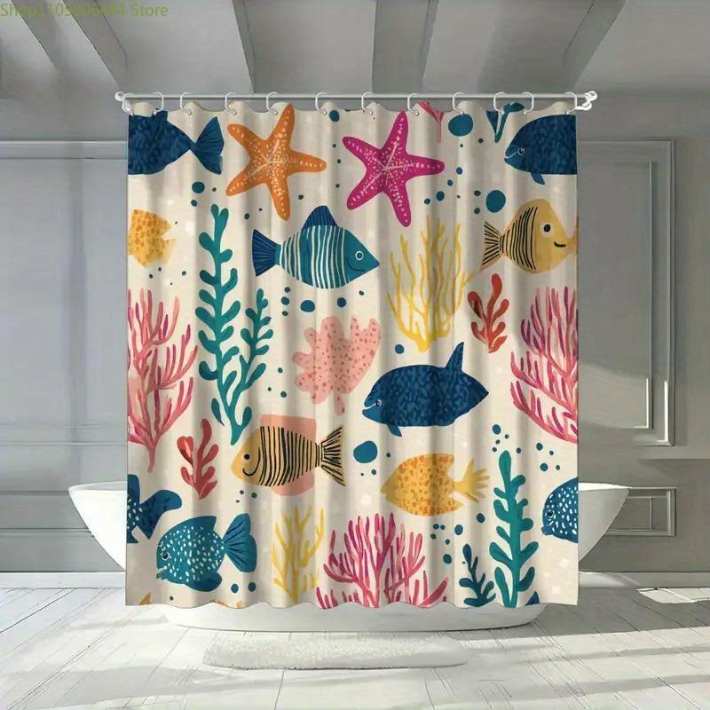 1pc Coral Fish School Shower Curtain, Ocean Theme, Summer Shower Curtain, with 12 Hooks, 180*180cm Bathroom Curtain, Home Deco