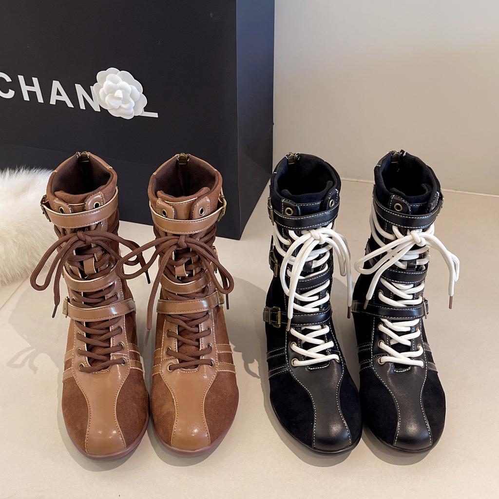 [Cowhide Edition] Thick-soled Brown Boxing Boots for Women's 2025 Season New Retro Martin Boots with Belt Buckle Medium Boots