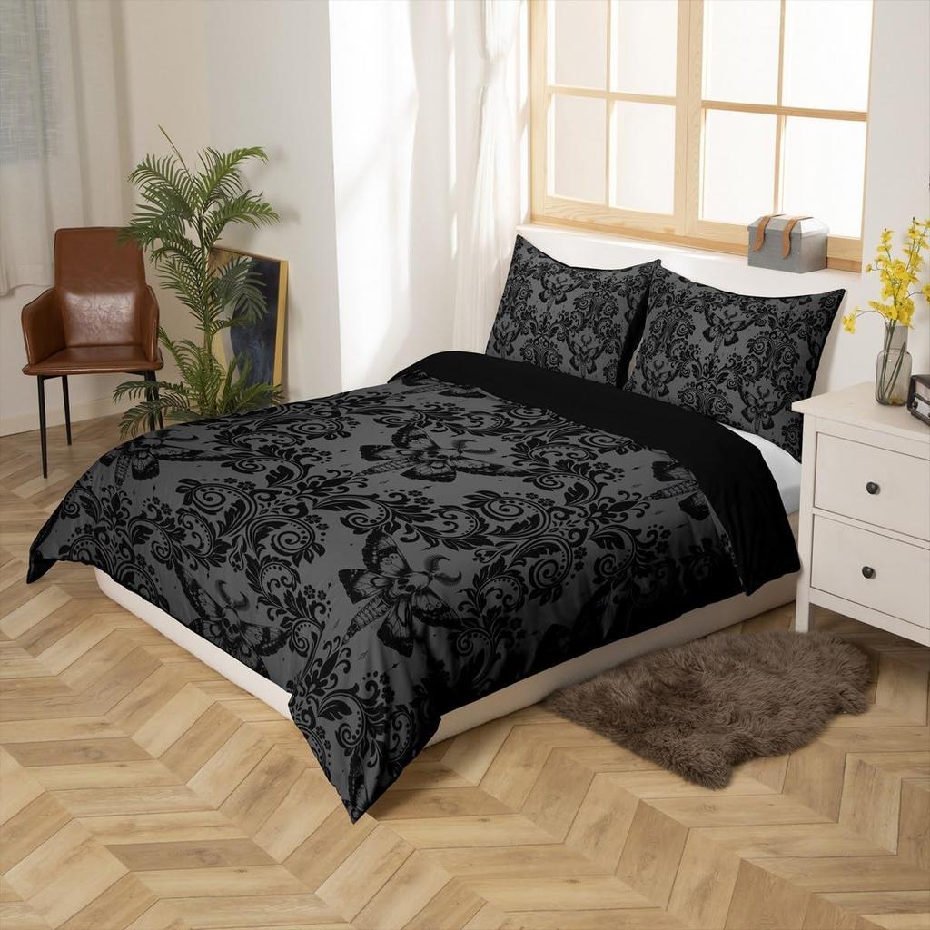 Adults Black Vintage Damask Floral Bedding Set King Size Gothic Bohemia Boho Flower Duvet Cover Gothic Skull Bedspread Cover