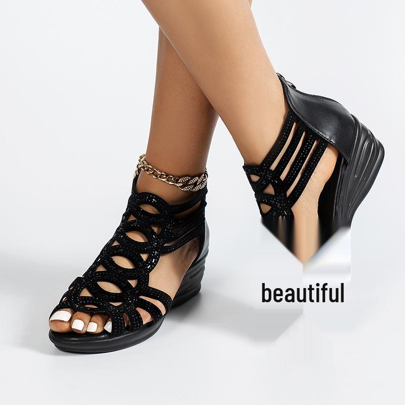 Women's European & American Summer Rhinestone Wedge Sandals – Soft Sole Open-Toe High Heel