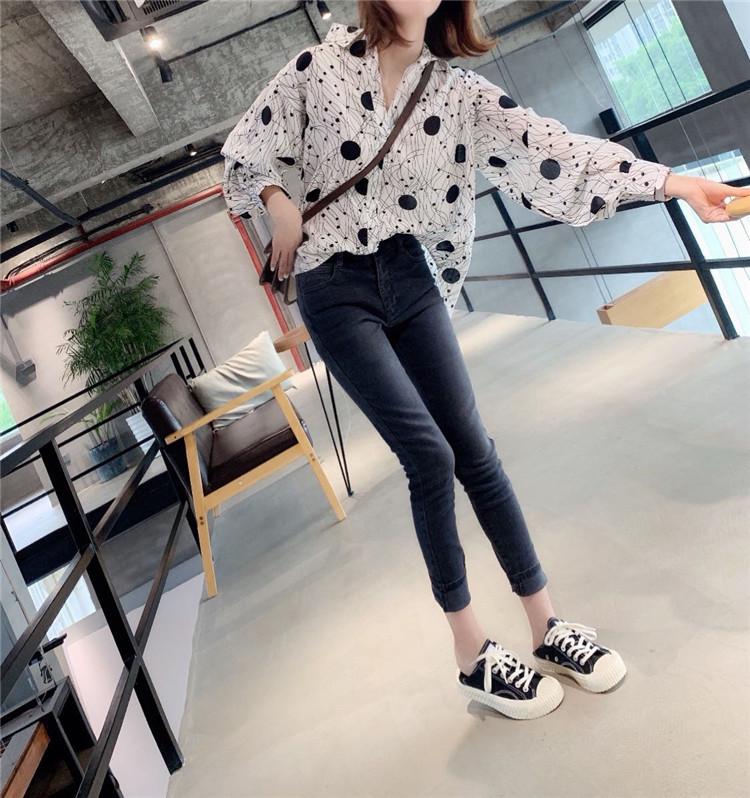 Retro Hong Kong Style Women's Print Blouse - 2025 Spring/Autumn Collection, Loose Fit, Lazy Style Shirt