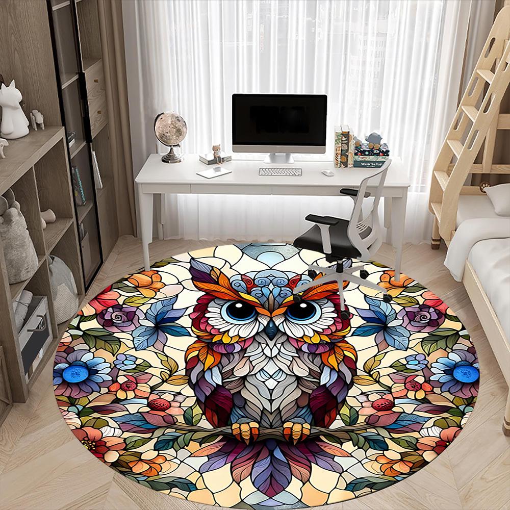 1pc Stained Glass Owl Office Round Area Rug, Indoor Mat Suitable ForOffice, Under Office Chairs Bedroom Living Room Home Decor, Room Deco D149