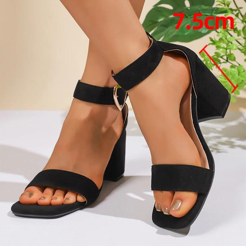 Fashion Fashion Red High Heels Dress Sandals for Women Summer Square Toe Thick Heeled Sandals Woman Heart Buckle Ankle Strap Party Shoes