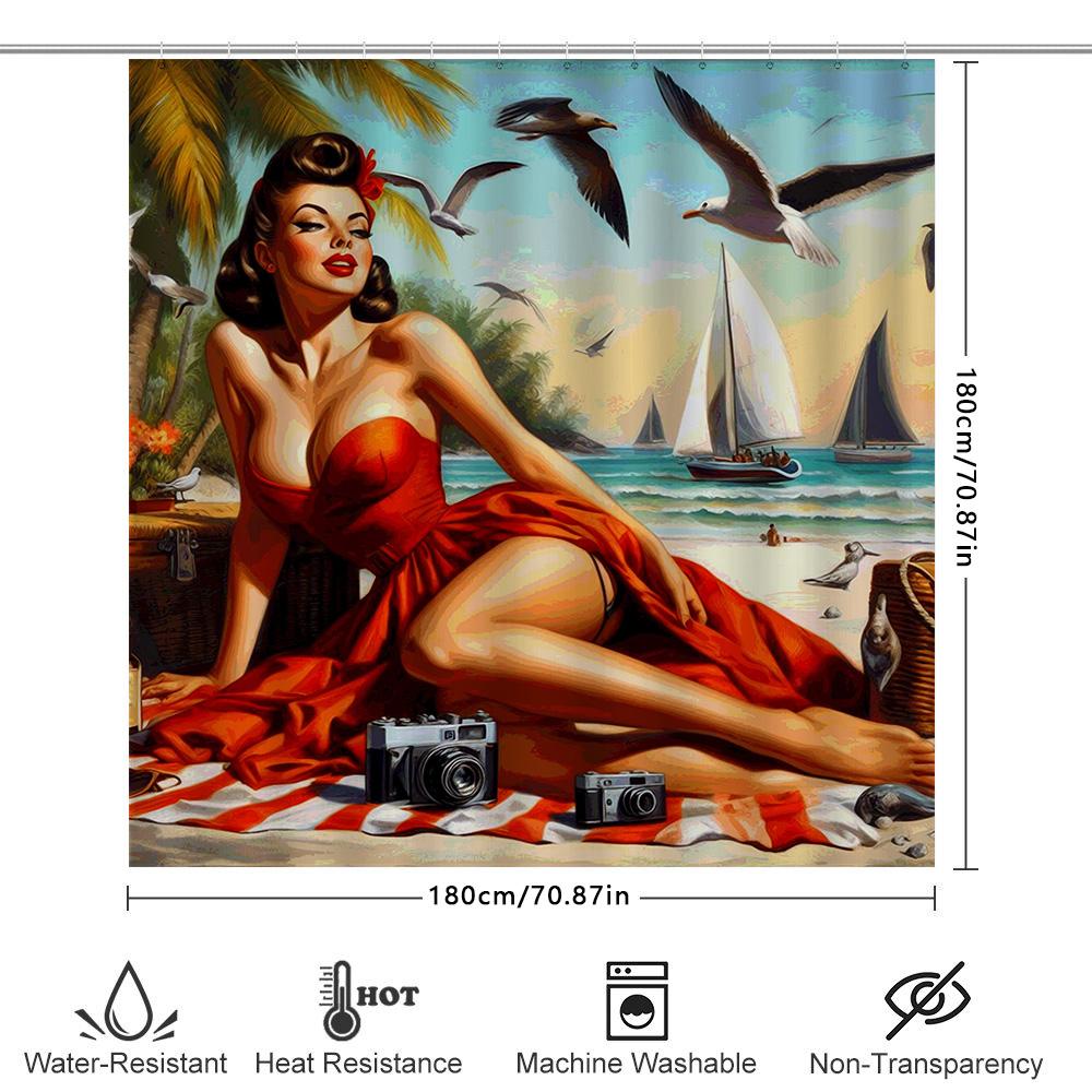 Vintage Style Beach Scene Shower Curtain With Lady Model Artwork Perfect For Bathroom Decor