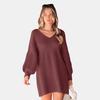 TEMU Autumn 2026 Puff Sleeve Solid Knit V-neck Sweater Dress - European & American Christmas Edition