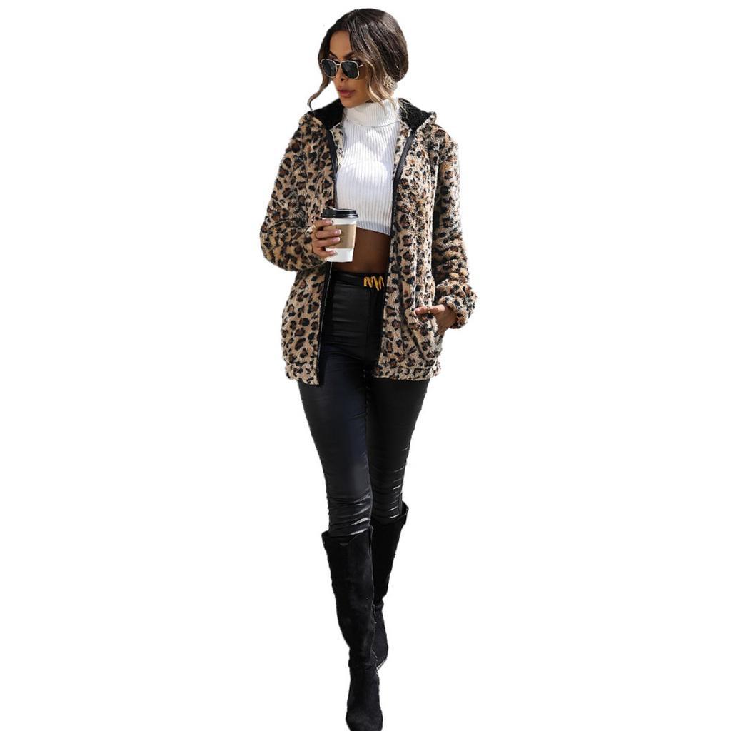2025 Autumn Winter Women's Leopard Print Hooded Long Sleeve Loose Casual Coat Flannel Fleece Outerwear for Europe US
