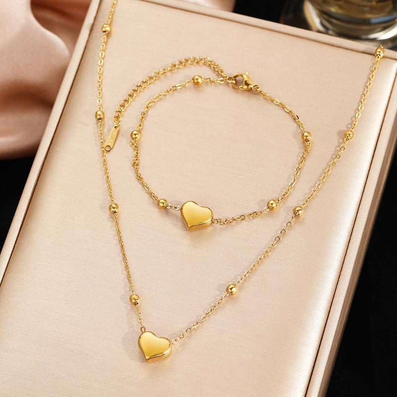 Stainless Steel Gold Color Heart Love Chain Necklace Bracelets Earrings For Women Girl   Non-Fading Jewelry Set