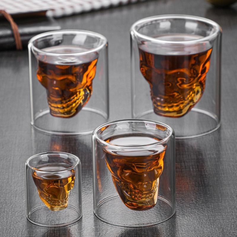 Double-layered Transparent Skull Head Coffee Mug Crystal Glass Cup for Home Bar Club Whiskey Tequila Wine Vodka and Beer Wine