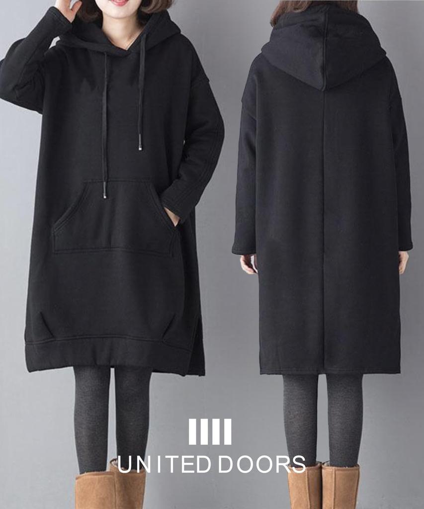 Doors Long Pullover Loose with Hoodie, Sleeve, Fleece-Lined, Figure-Flattering, Dress, Fit, Pockets, Black, 4A-B03-BKL
