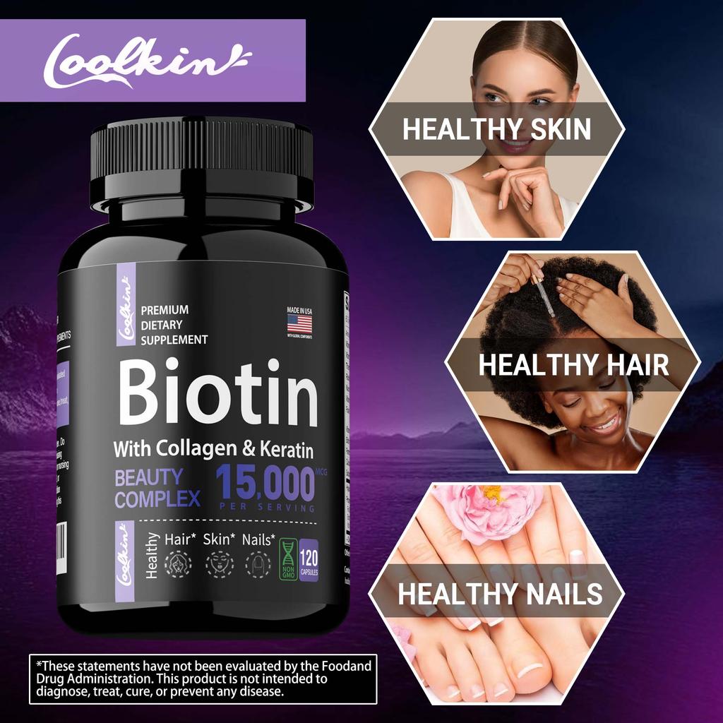 Coolkin Biotin Capsules Are Beneficial for Skin and Hair Health, Suitable for Both Men and Women, and Are Gentle and Easily Absorbed.