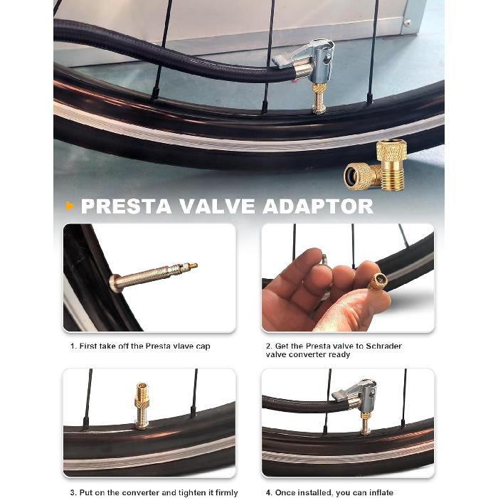 20'' Tire Inflator Hose Adapter, Lock On Air Chuck W/Converting Nuts & Presta Valve Adaptor For Air Compressor, Schrader Valve Adapter For Tire