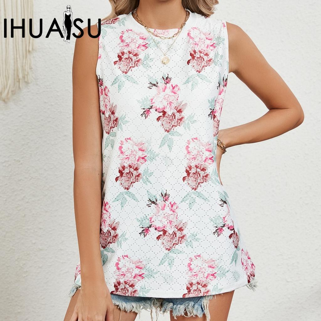 IHUASU Jaro/léto Tílko s potiskem s kulatým výstřihem Dámský top