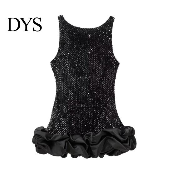 Necklaces Pairing Dress Women Sexy Mini Solid Color Slim Fit Female Sleeveless Pleated O-neck Backless Holiday Party Short Fashionable Hem