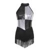 Womens Latin Dance Costume Sleeveless Backless Color Block Design Shiny Sequins Tassels Leotard