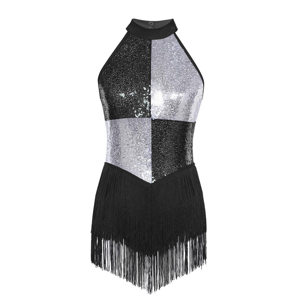 Womens Latin Dance Costume Sleeveless Backless Color Block Design Shiny Sequins Tassels Leotard