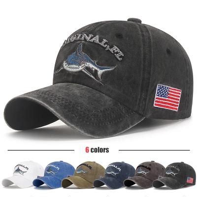 Haifisch-Grafik und Stickerei der amerikanischen Flagge Herren Damen Verstellbare Weiche Baseballkappe