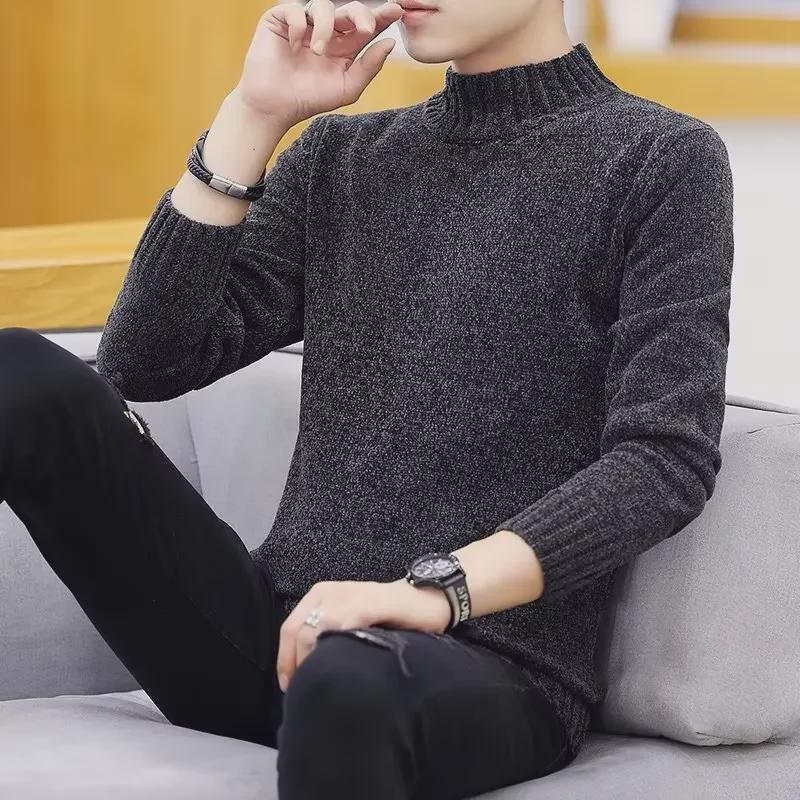 Men's Autumn/Winter Knitted Half Turtleneck Sweater - Warm Inner Wear, Mid-Collar, Versatile Student Base Shirt.
