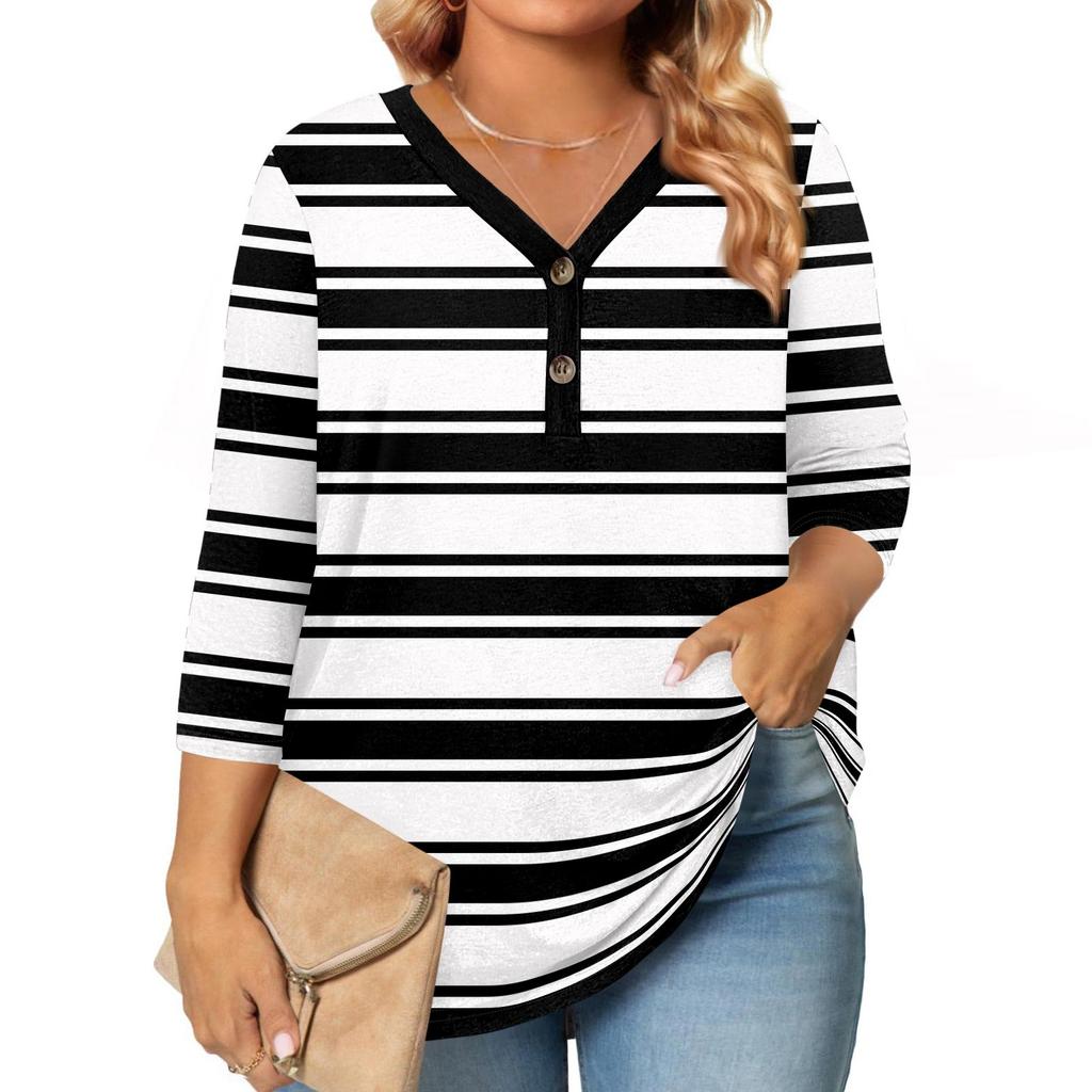3/4 Length Sleeve Womens Tops Plus Size Button Down V Neck Shirts Blouses Casual Print Loose