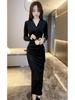Autumn and winter women's clothing fried street dress long sleeves slim fit thin medium and long waist gold velvet small black dress