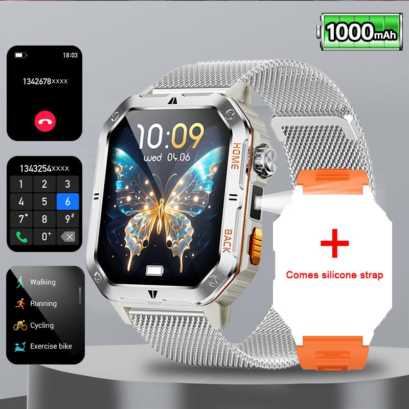 Rugged Military 1000mAh Smart Watch Men Outdoor Flashlight  Watch 2.01" HD Touch Screen Voice Bluetooth Call Smartwatch NEW