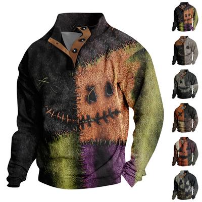 Men's Casual Fashion Christmas Printed Hoodless Sweatshirt Wide Men's Loose Button Stand Collar Hooded Sweatshirt
