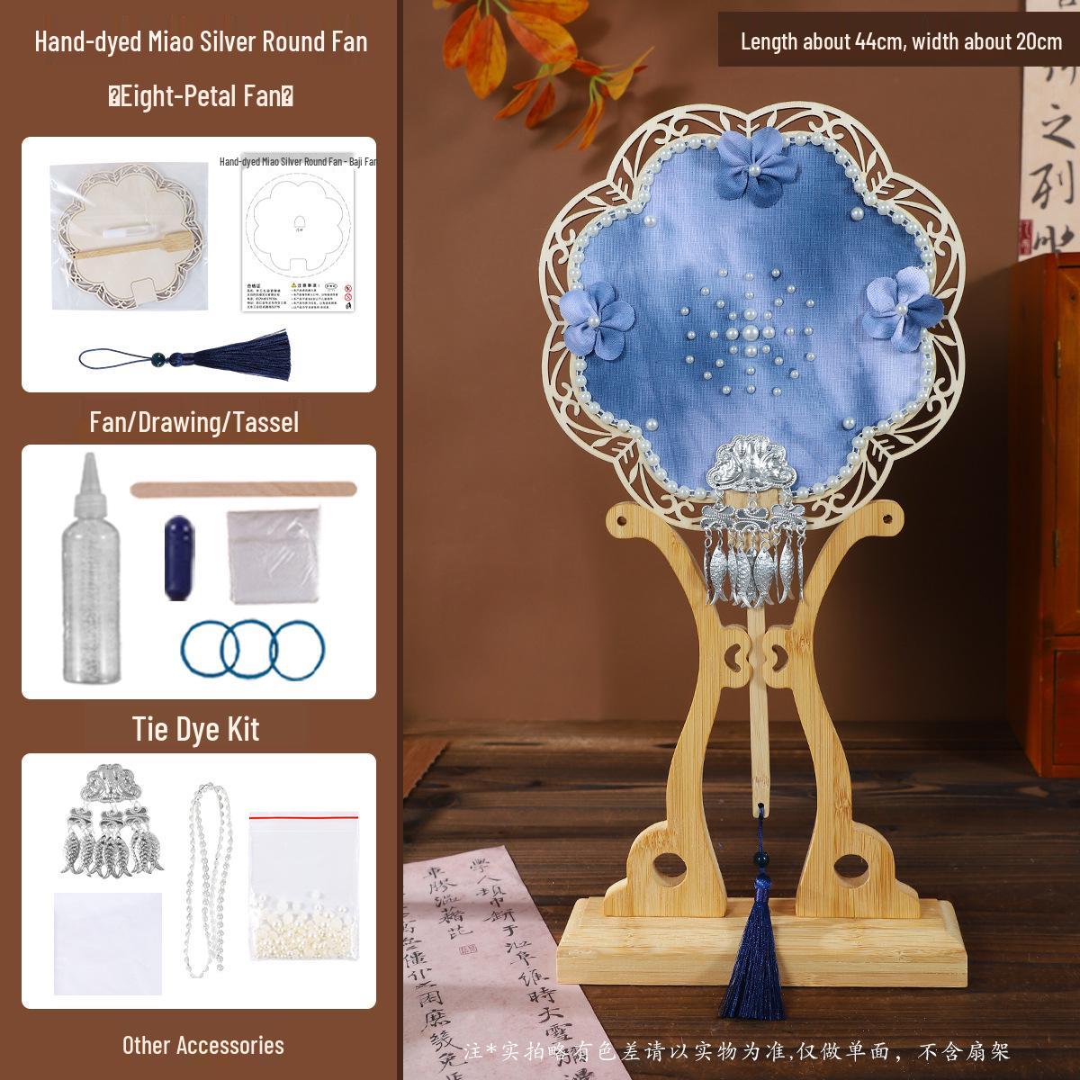 Miao Silver Tie-Dye Round Fan DIY Kit - Chinese Blue Dye Pearl Fan for Events and Gifts