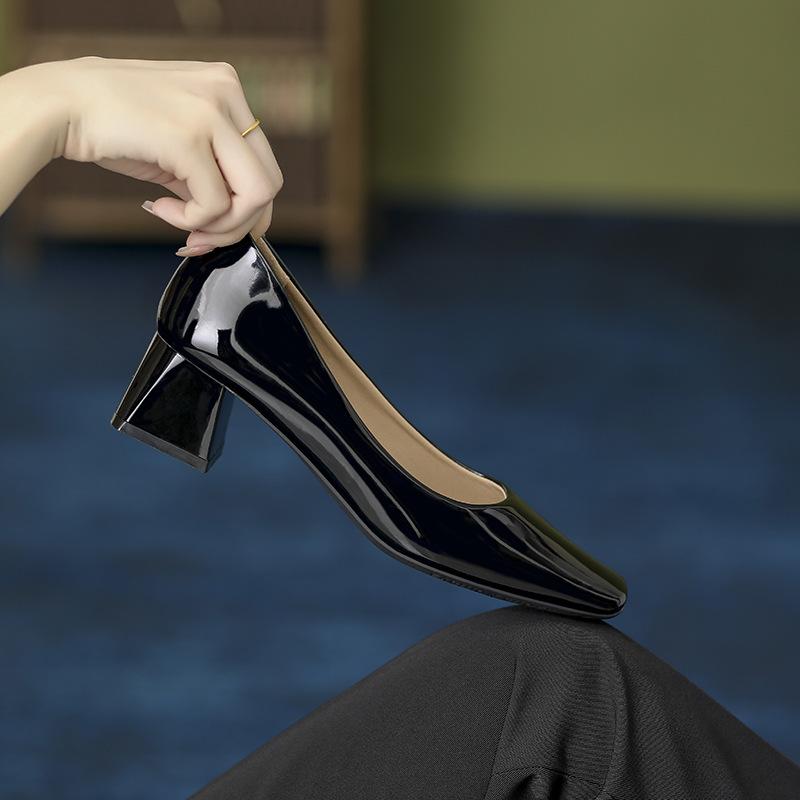 Fashion Solid Japanned Leather Pumps Woman Block High Heels Shoes OL Ladies Dress Work Escarpins Femmes Designer Luxury Tacones Mujer
