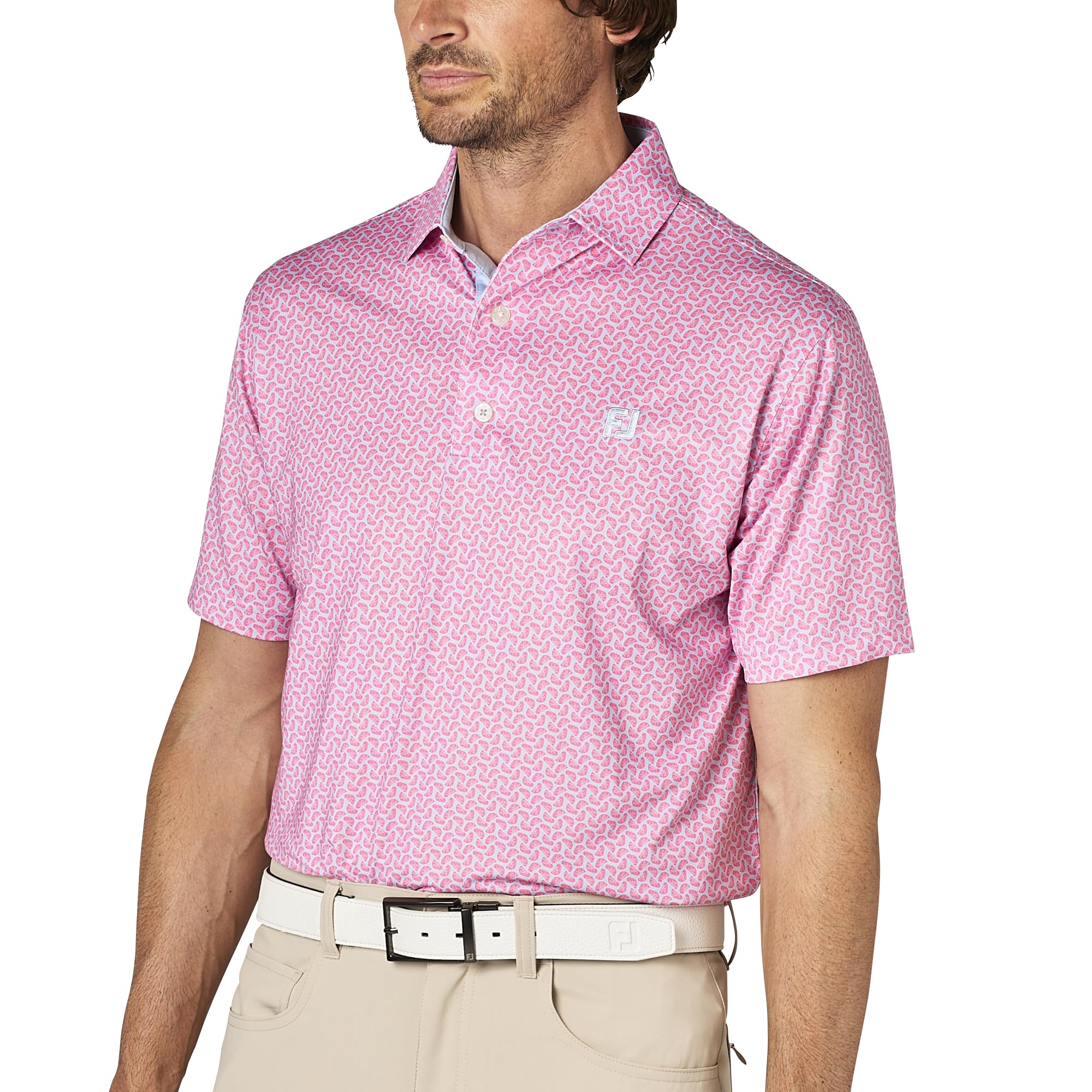 

FootJoy Men s Citrus Print Short Sleeve Golf Shirt, Pink Lemonade, Size Small (FJ-S25-S19, 34565-S)