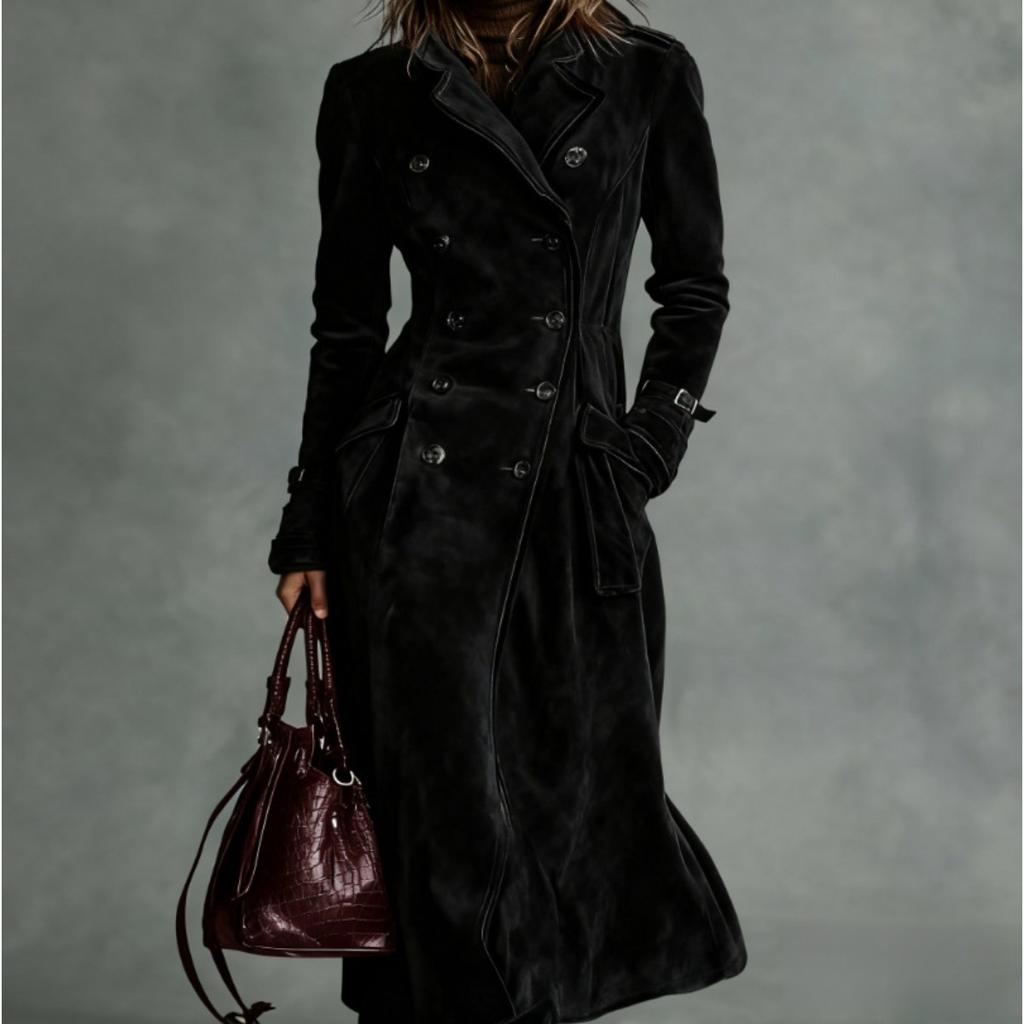 Women's Lapel Double Breasted Suede Long Sleeve Maxi Trench Coat