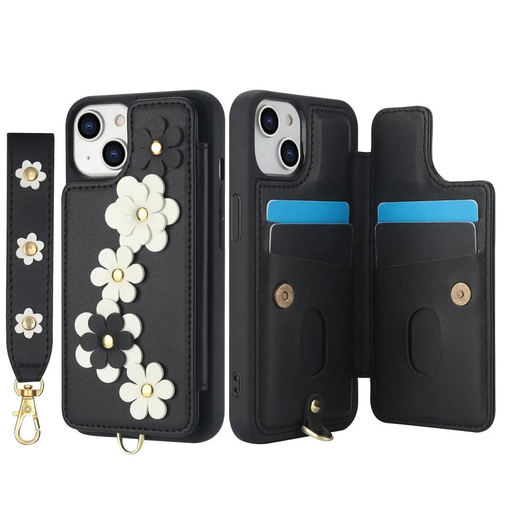 For iPhone 13 12 11 Pro Max SE 2026 7 8 Plus X XS XR XS Max Case, Wallet with Card Holder, Cute Flower Design Crossbody Purse