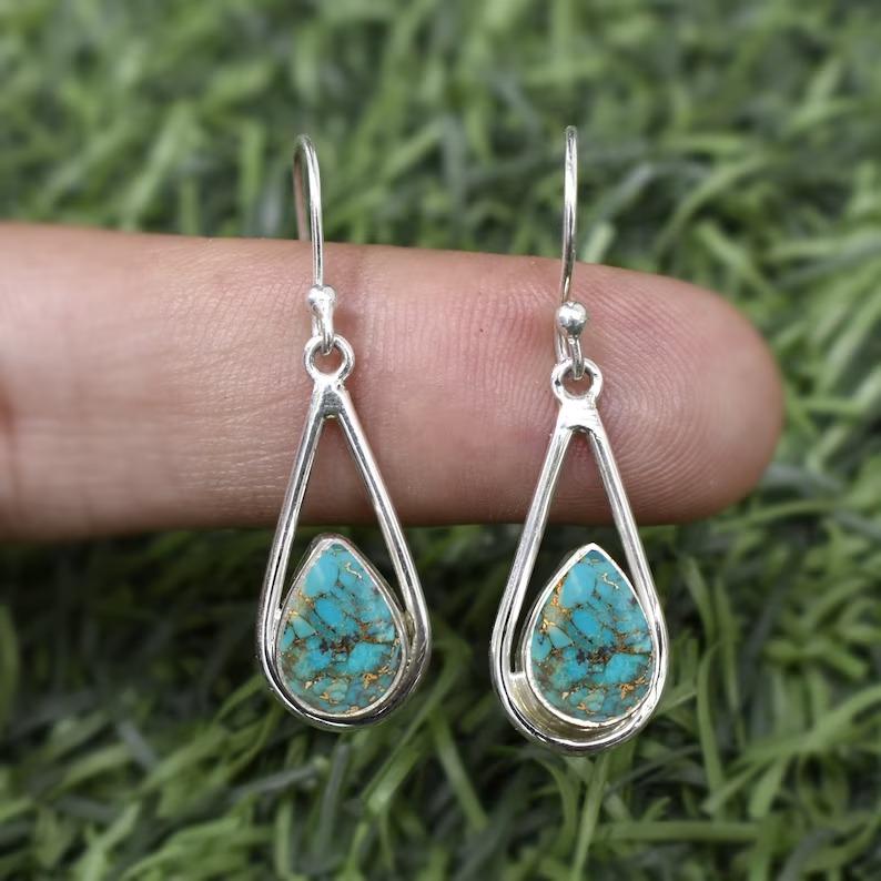 Turquoise Gemstone Handmade Designer Earring, Solid 925 Sterling Silver Earring, Gift For Her, Anniversary Gift