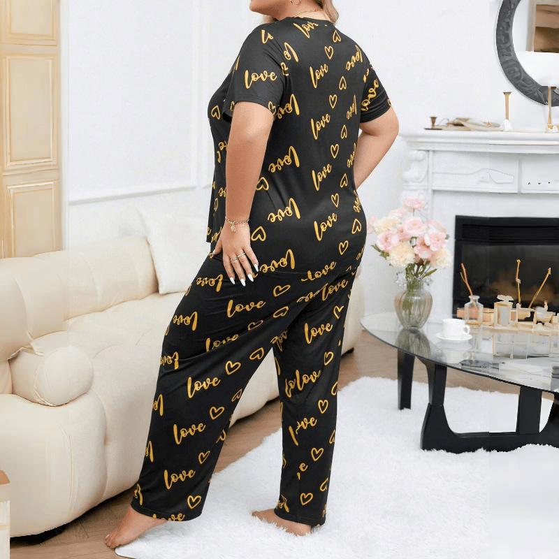 European and American Style Women’s Spring and Summer Pajama Set Plus Size Heart Print Short Sleeve Top and Long Pants Comfortable Loungewear