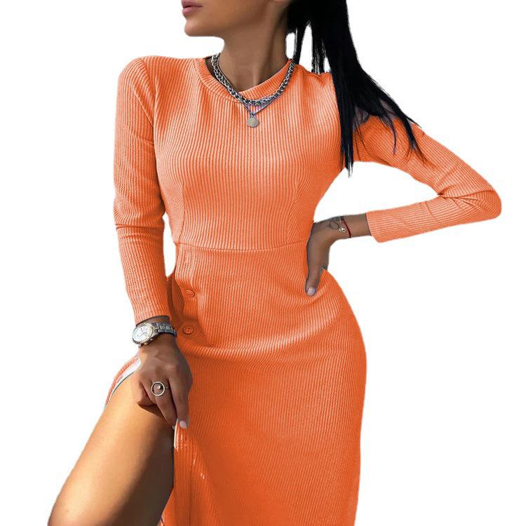 Podzim Zima Slim Fit Žebrovaný Pletený Šaty s Rozparkem a Dlouhým Rukávem