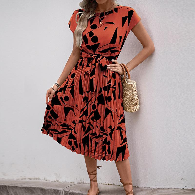 2025 Geometrischer Druck Midilanges Sommerkleid - Plissiert Europäischer & Amerikanischer Stil Damenbekleidung